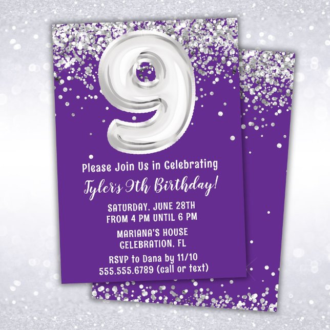 Purple Silver 9th Birthday Party Invitation (Creator Uploaded)
