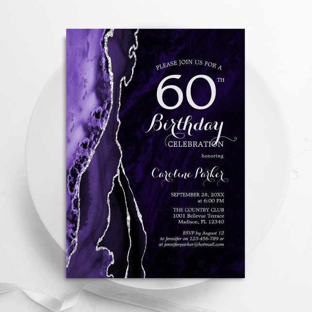 Purple Silver Agate 60th Birthday Invitation (Creator Uploaded)