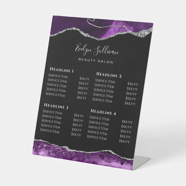 Purple Silver Agate Beauty Salon Price List Pedestal Sign (Front)