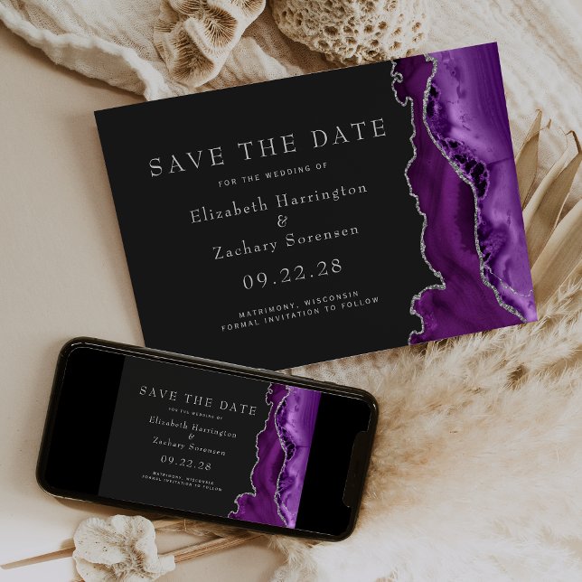 Purple Silver Agate Dark Save the Date Invitation (Creator Uploaded)