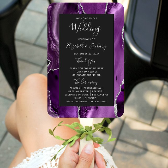 Purple Silver Agate Dark Wedding Program Hand Fan (Creator Uploaded)