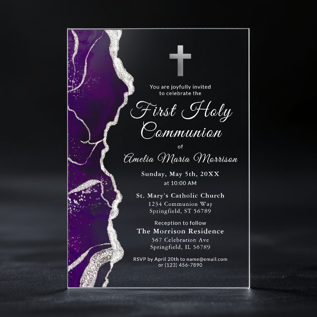 Purple Silver Agate First Holy Communion Girl Acrylic Invitations (Creator Uploaded)