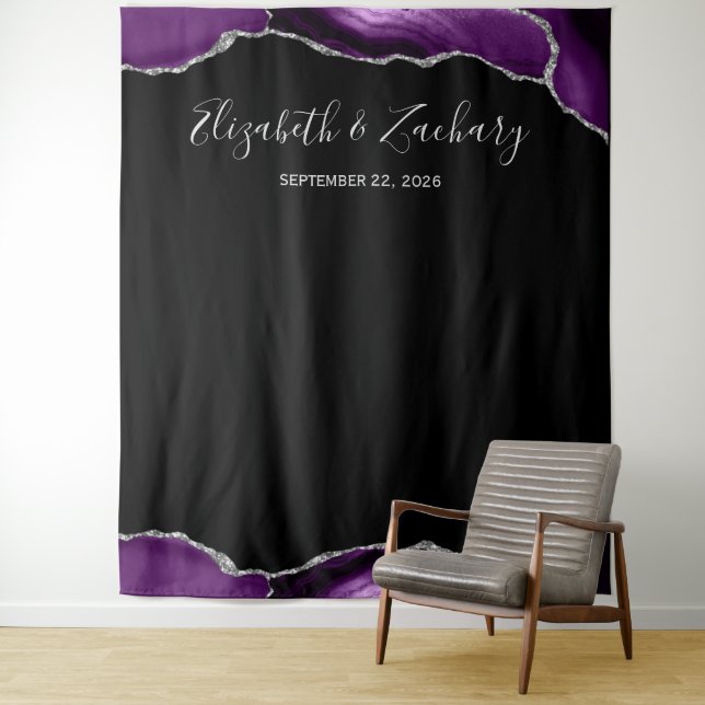 Purple Silver Agate Frame Dark Wedding Photo Booth Tapestry (In Situ)