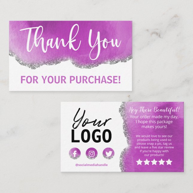 Purple Silver Agate Glitter White Thank You Business Card (Front/Back)