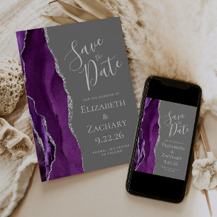 Purple Silver Agate Grey Save the Date Card