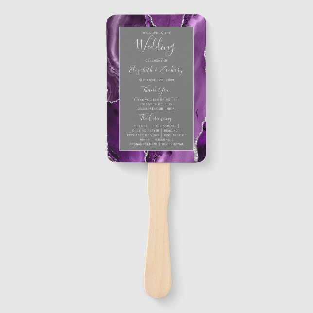 Purple Silver Agate Grey Wedding Program Hand Fan (Front)