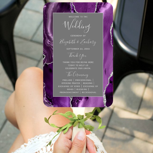Purple Silver Agate Grey Wedding Program Hand Fan (Creator Uploaded)