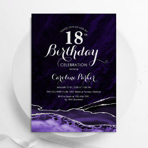 Purple Silver Agate Marble 18th Birthday Invitation