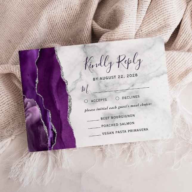Purple Silver Agate Marble Meal Options Wedding RSVP Card (Creator Uploaded)