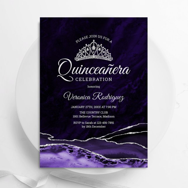 Purple Silver Agate Marble Quinceanera Invitation (Creator Uploaded)