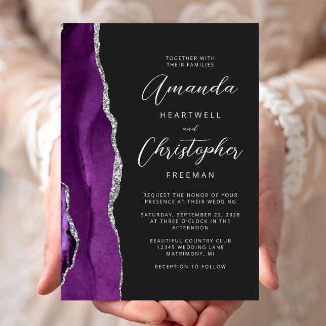 Purple Silver Agate Modern Script Wedding Invitation (Creator Uploaded)