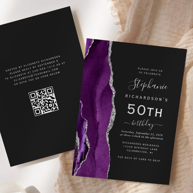 Purple Silver Agate QR Code 50th Birthday Invitation (Creator Uploaded)