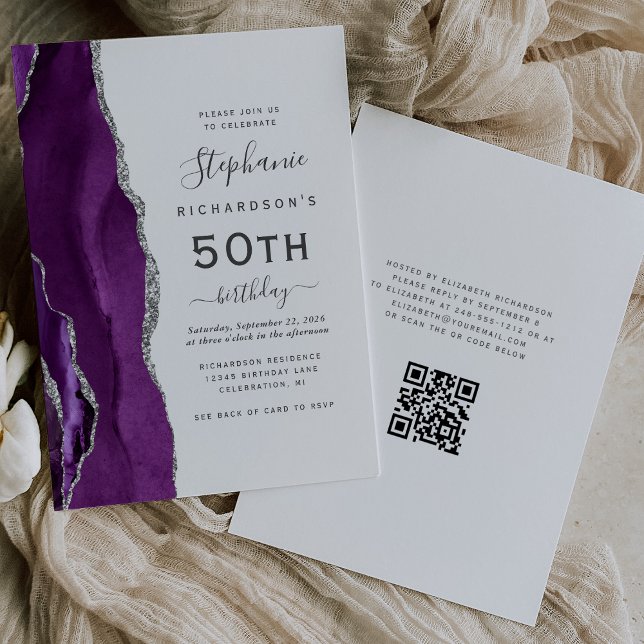 Purple Silver Agate QR Code 50th Birthday Invitation (Creator Uploaded)