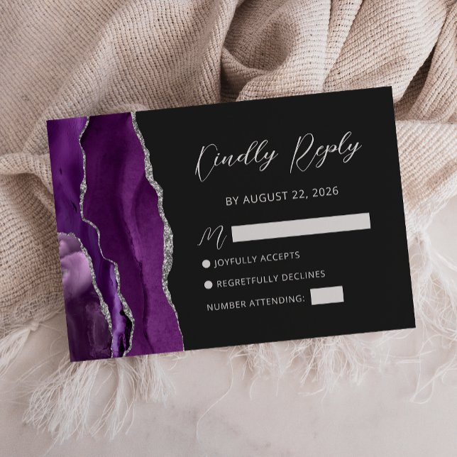 Purple Silver Agate Script Wedding RSVP Card (Creator Uploaded)