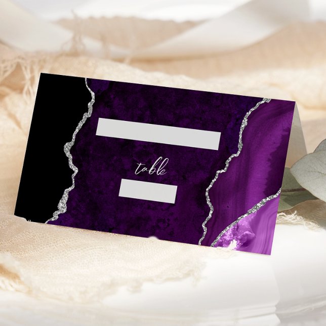 Purple Silver Agate Script Wedding Table Place Card (Creator Uploaded)