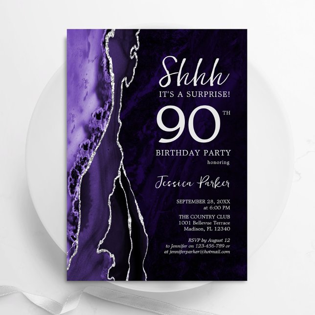Purple Silver Agate Surprise 90th Birthday Invitation (Creator Uploaded)