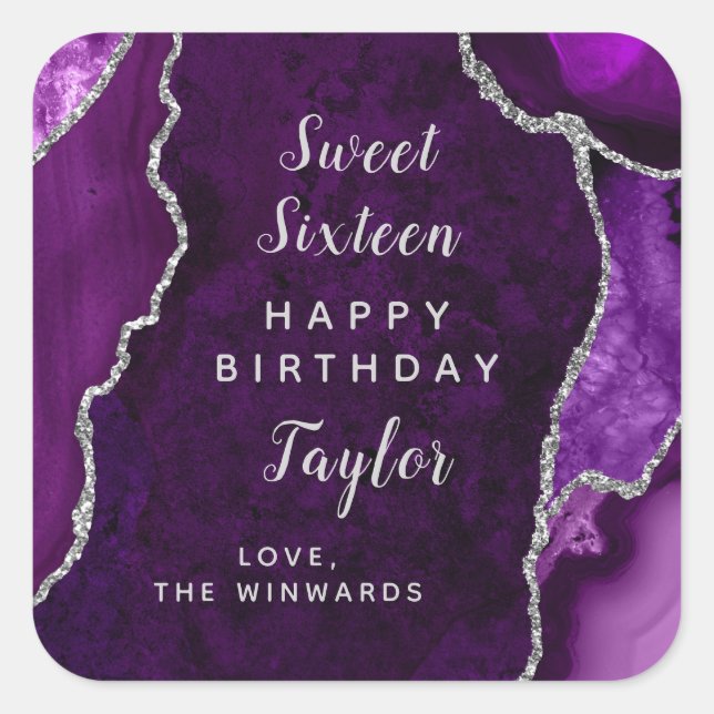 Purple Silver Agate Sweet Sixteen Happy Birthday Square Sticker (Front)