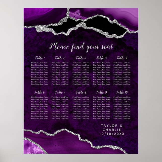 Purple Silver Agate Wedding 10 Table Seating Chart (Front)