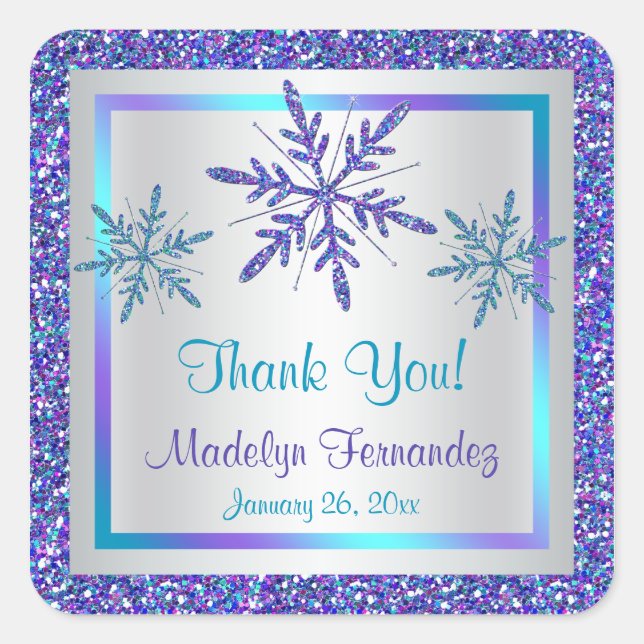 Purple Silver Aqua Glitter LOOK Snowflakes Sticker (Front)