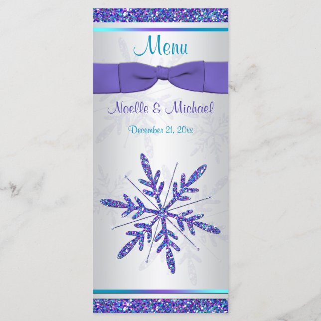 Purple Silver Aqua Glitter Snowflakes Menu Card (Front)