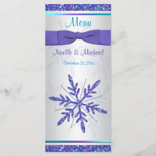 Purple Silver Aqua Glitter Snowflakes Menu Card