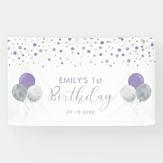 Purple & Silver Balloon 1st Birthday Banner (Horizontal)