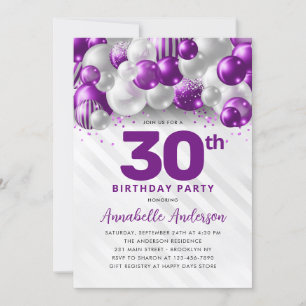 Purple Silver Balloon Glitter Any Age Birthday Invitation