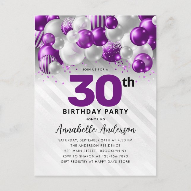 Purple Silver Balloon Glitter Any Age Birthday  Postcard (Front)