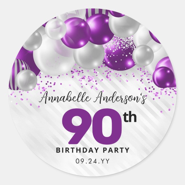 Purple Silver Balloon Glitter Favour Birthday Classic Round Sticker (Front)