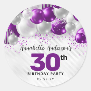 Purple Silver Balloon Glitter Glam Favour Birthday Classic Round Sticker