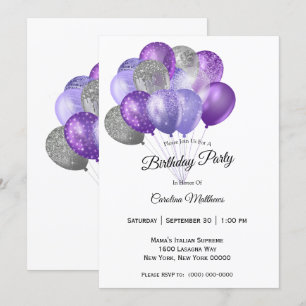 Purple Silver Balloons Birthday Invitation