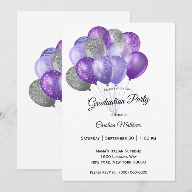 Purple Silver Balloons Graduation Invitation (Front/Back)