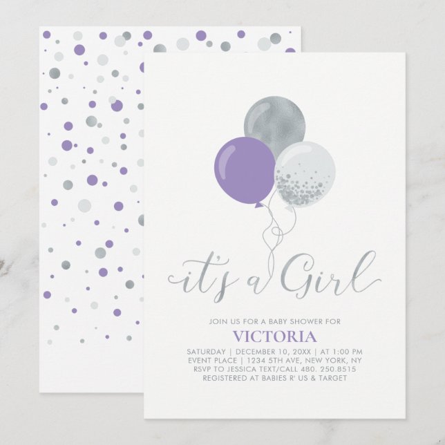 Purple & Silver Balloons | It's a Girl Baby Shower Invitation (Front/Back)
