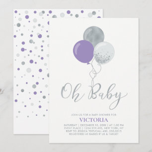 Purple & Silver Balloons Oh Baby Girl Baby Shower Invitation