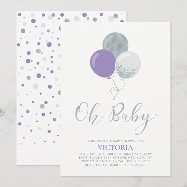 Purple & Silver Balloons Oh Baby Girl Baby Shower Invitation (Front/Back)