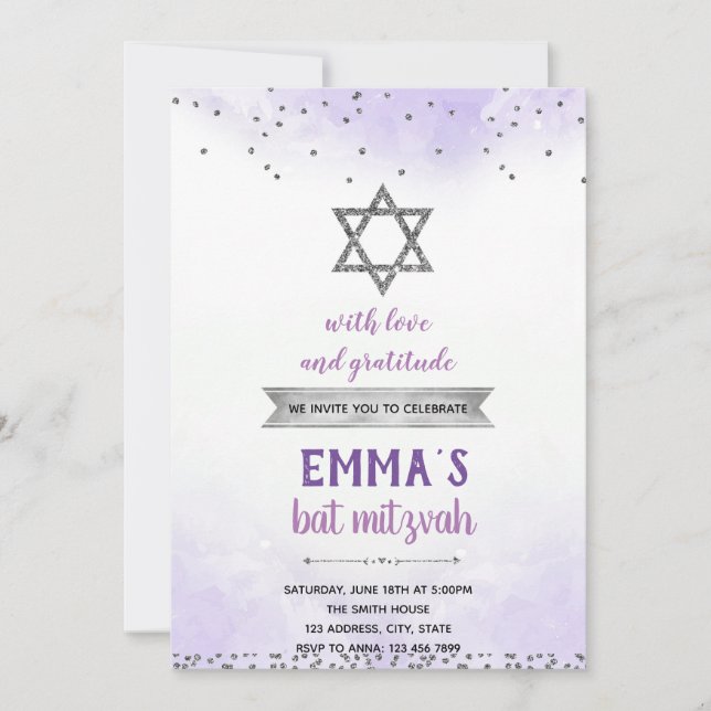 Purple silver bat mizvah invitation (Front)