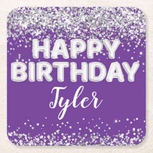 Purple Silver Birthday Party Square Paper Coaster