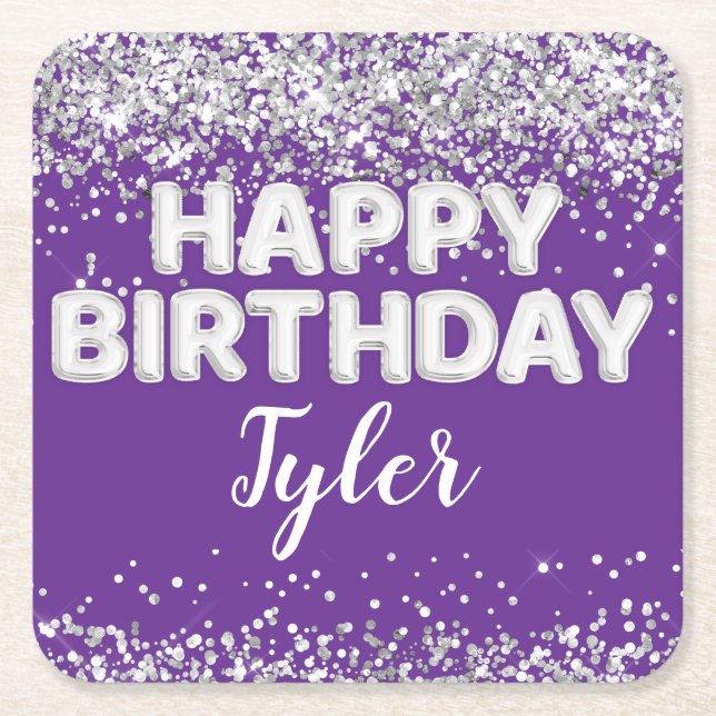 Purple Silver Birthday Party Square Paper Coaster (Front)