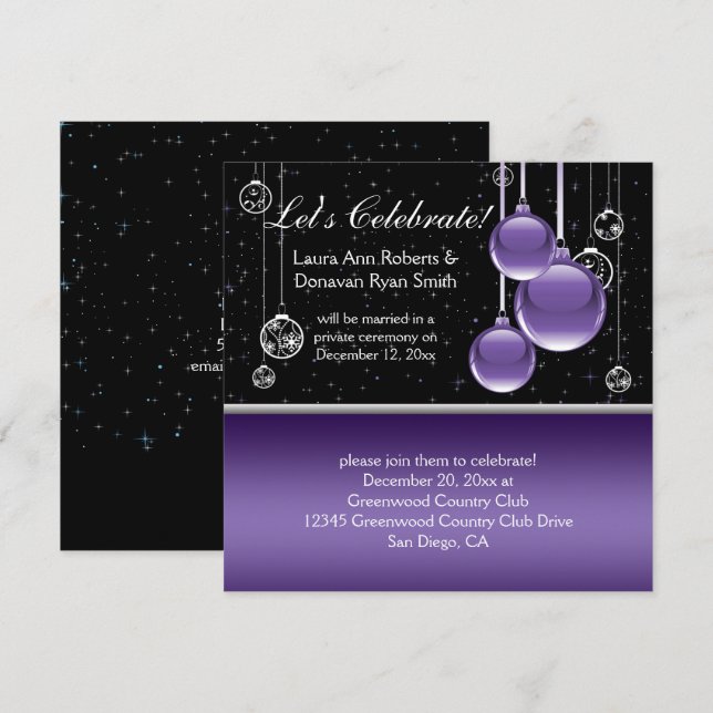 Purple Silver Black Christmas Post Wedding Invitation (Front/Back)