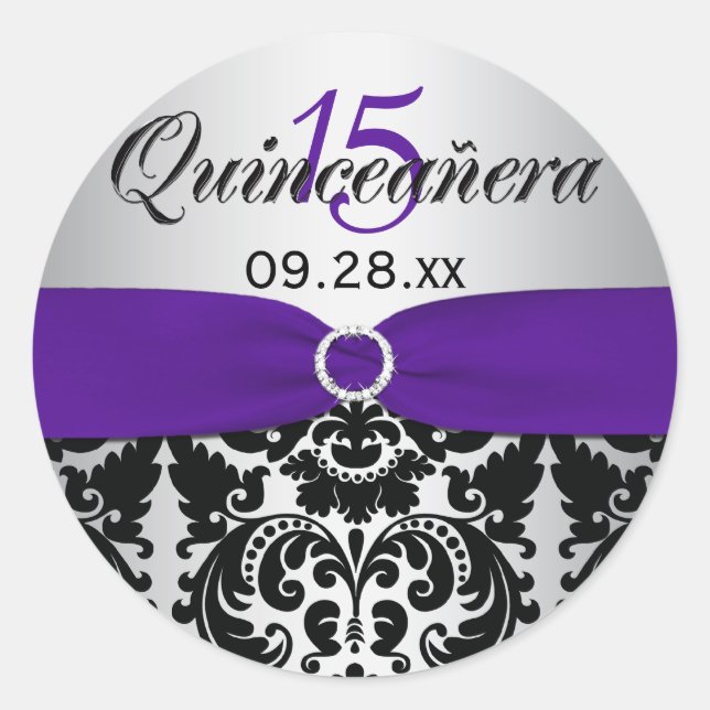 Purple, Silver, Black Damask Quinceanera Sticker (Front)