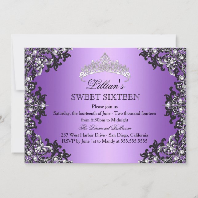 Purple Silver Black Damask Tiara Sweet 16 Invite (Front)