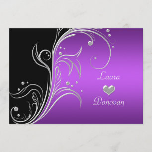 Purple Silver Black Floral Swirls Reception Only Invitation