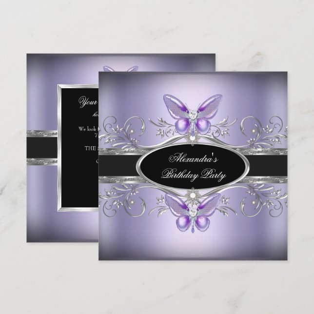 Purple Silver Black Jewel Butterfly Birthday Party Invitation (Front/Back)