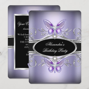 Purple Silver Black Jewel Butterfly Birthday Party Invitation
