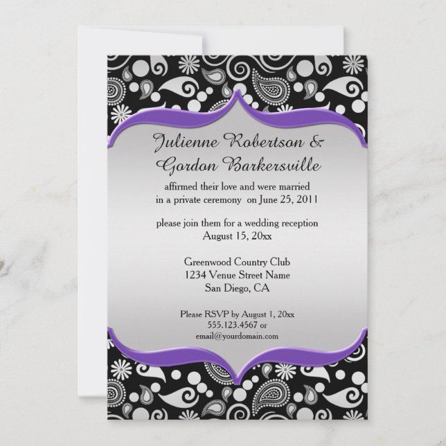 Purple Silver Black Paisley Post Wedding Invitation (Front)