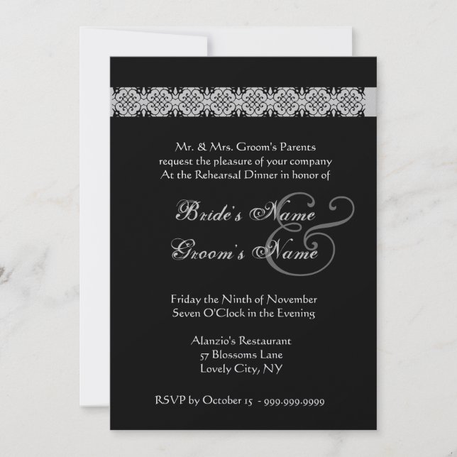PURPLE SILVER BLACK Rehearsal Dinner Invitation (Front)