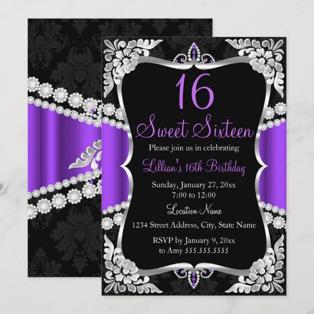 Purple Silver Black Tiara Sweet 16 Invitation (Front/Back)