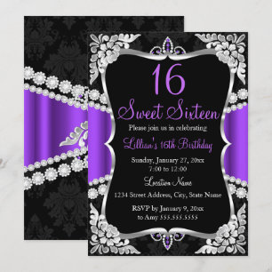 Purple Silver Black Tiara Sweet 16 Invitation