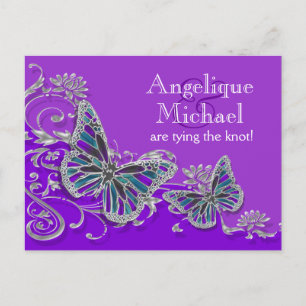 Purple silver blue butterfly wedding announcement postcard