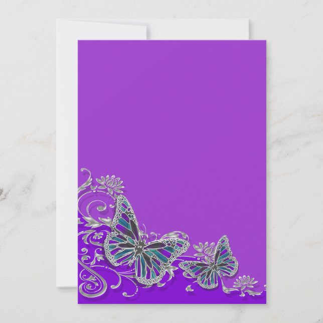 Purple silver blue butterfly wedding invitation (Front)